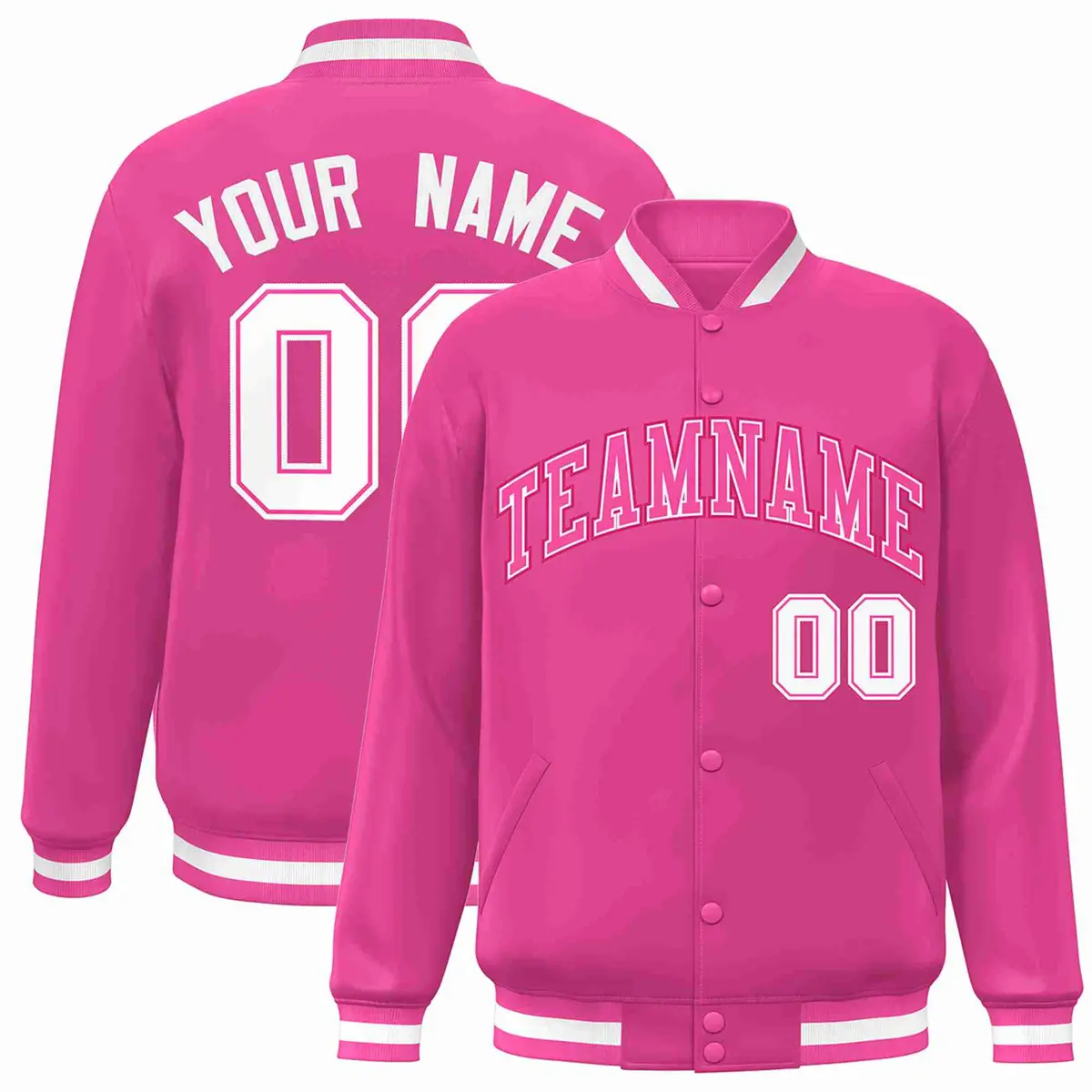 Pink Pink-White Full-Snap Varsity Letterman Jacket