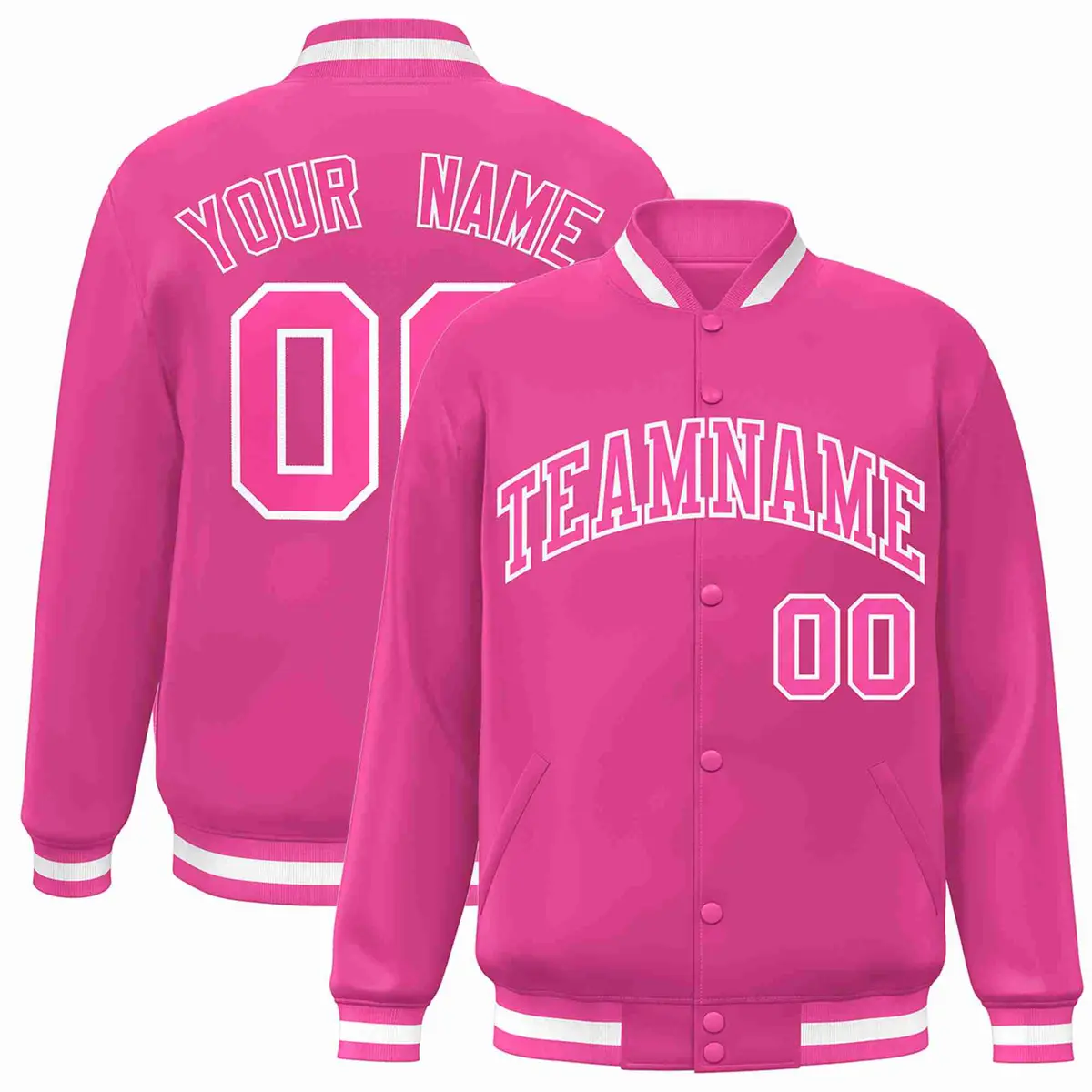 Pink Pink-White Full-Snap Varsity Letterman Jacket