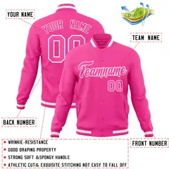 Pink Pink-White Full-Snap Varsity Letterman Jacket 4