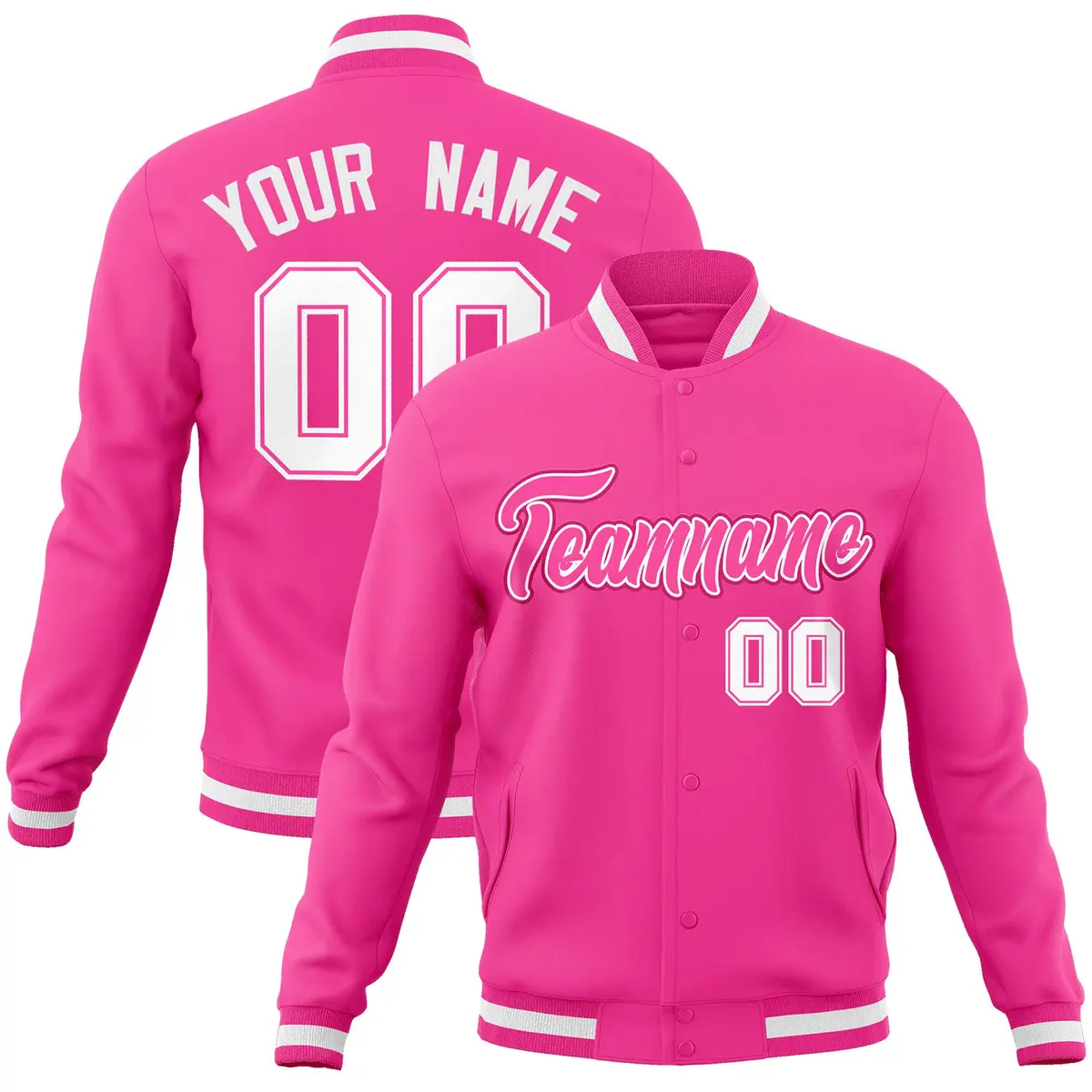 Pink Pink-White Full-Snap Varsity Letterman Jacket