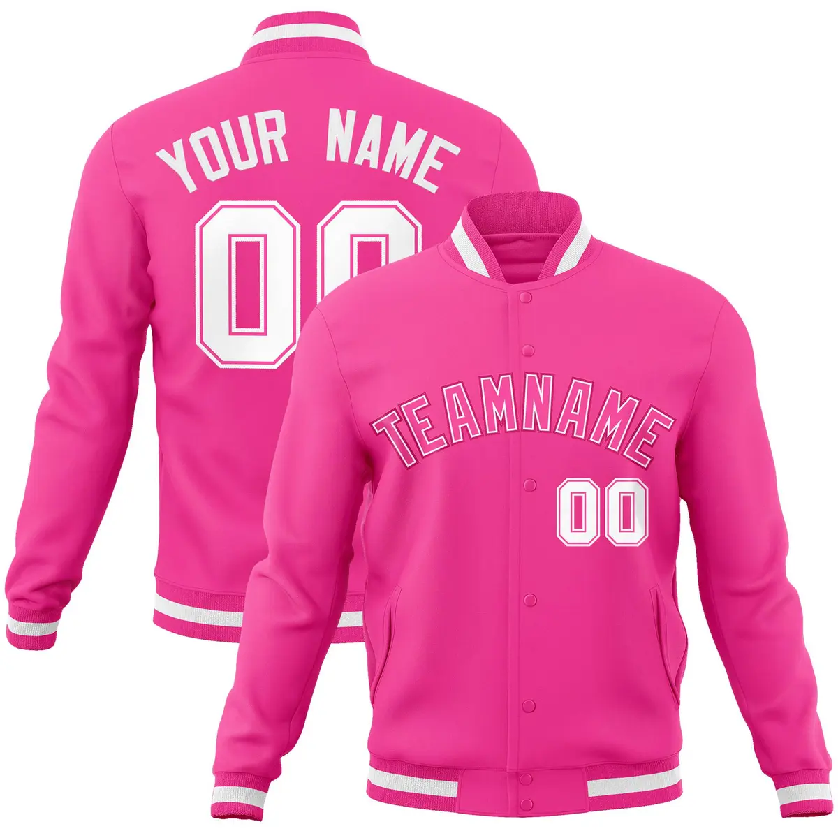 Pink Pink-White Full-Snap Varsity Letterman Jacket