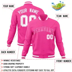 Pink Pink-White Full-Snap Varsity Letterman Jacket 4
