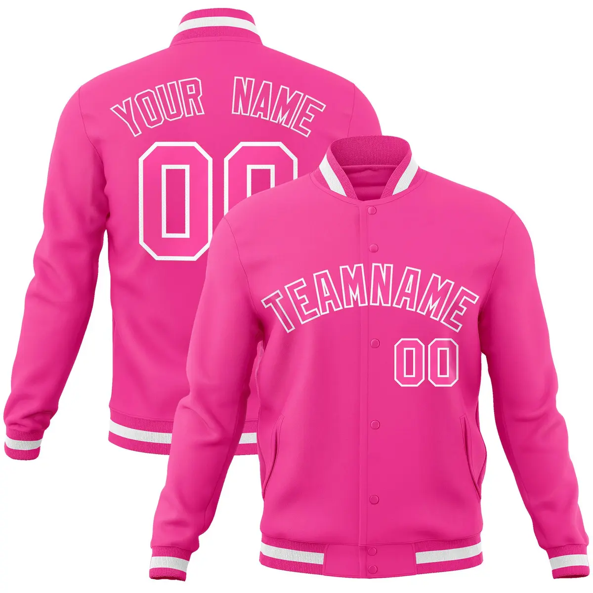 Pink Pink-White Full-Snap Varsity Letterman Jacket