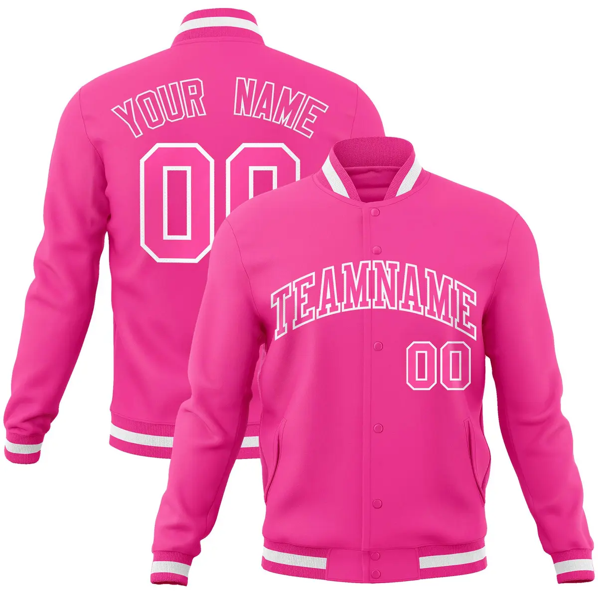 Pink Pink-White Full-Snap Varsity Letterman Jacket