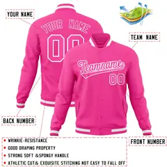 Pink Pink-White Full-Snap Varsity Letterman Jacket 4