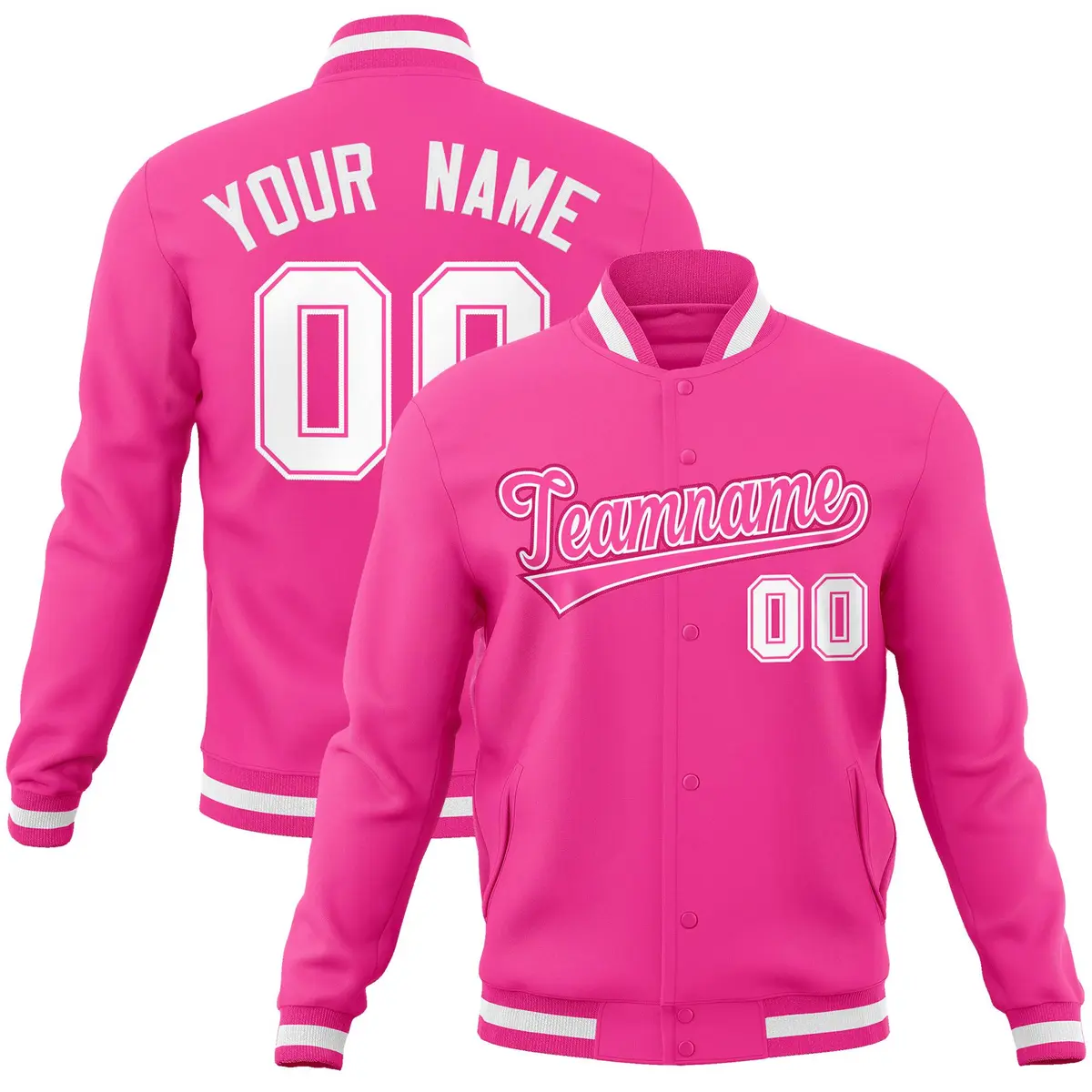 Pink Pink-White Full-Snap Varsity Letterman Jacket