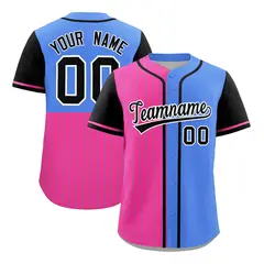 Pink Powder Blue and Black Pinstripe Raglan Baseball Jersey 1