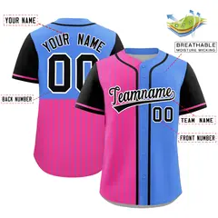 Pink Powder Blue and Black Pinstripe Raglan Baseball Jersey 2