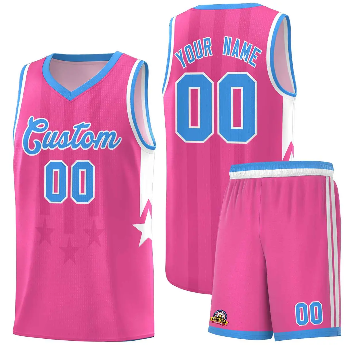 Pink Powder Blue and White Gradient Star Graffiti Basketball Jersey
