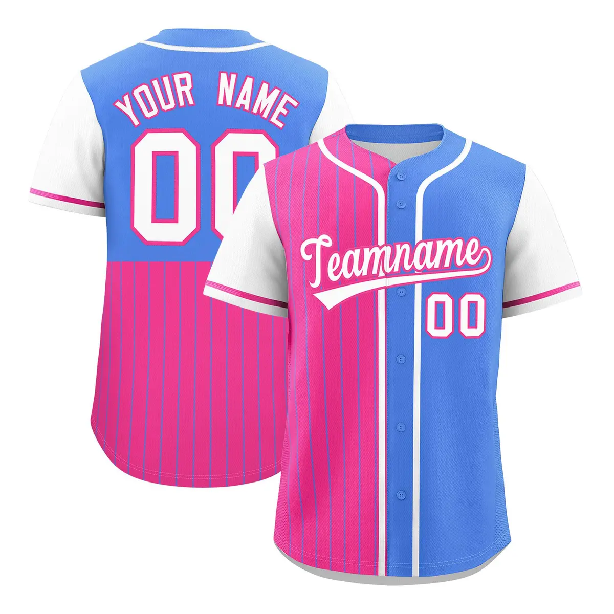 Pink Powder Blue and White Pinstripe Raglan Baseball Jersey