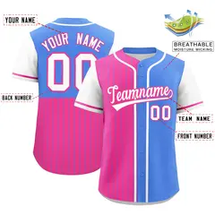 Pink Powder Blue and White Pinstripe Raglan Baseball Jersey 2