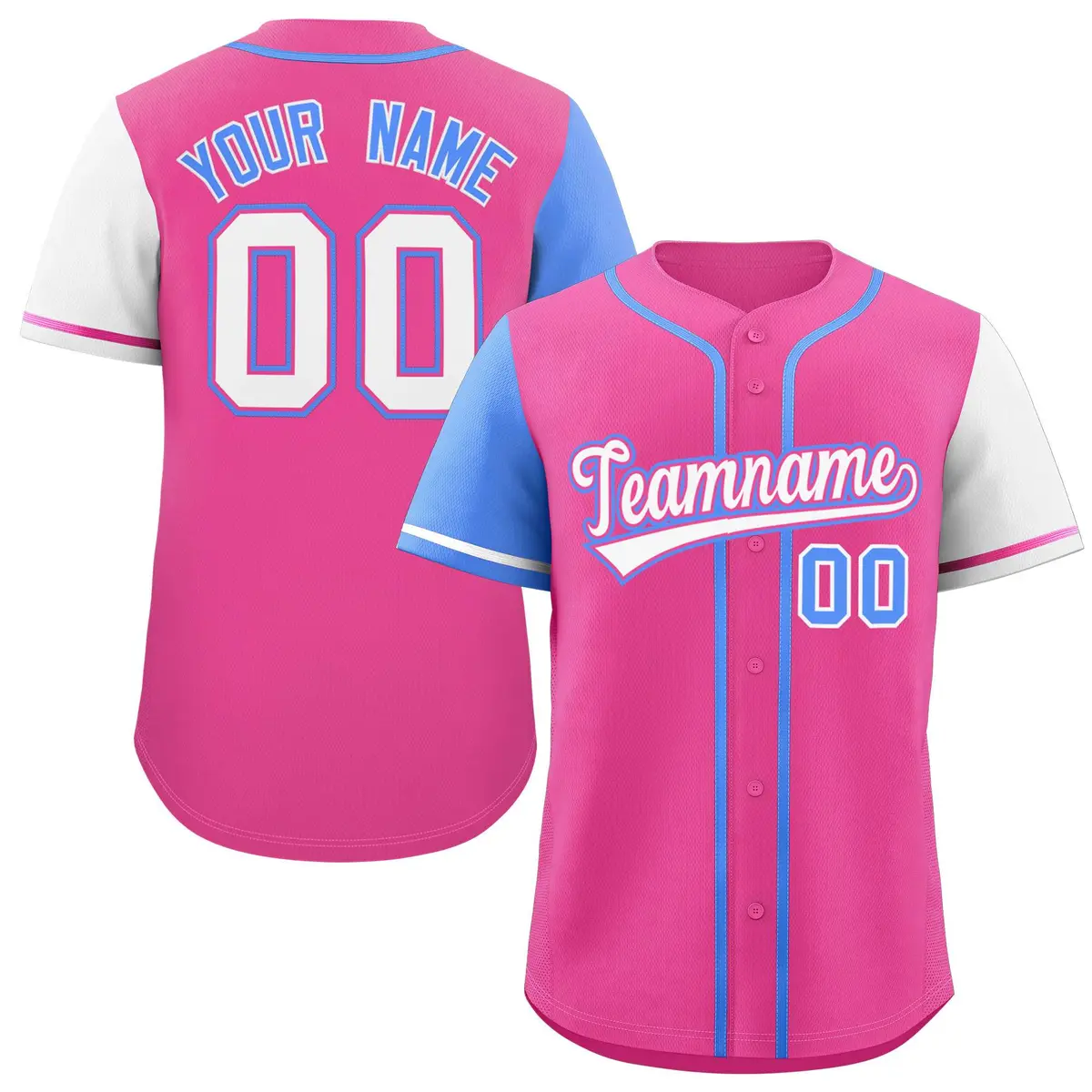Pink Powder Blue and White Raglan Sleeves Baseball Jersey