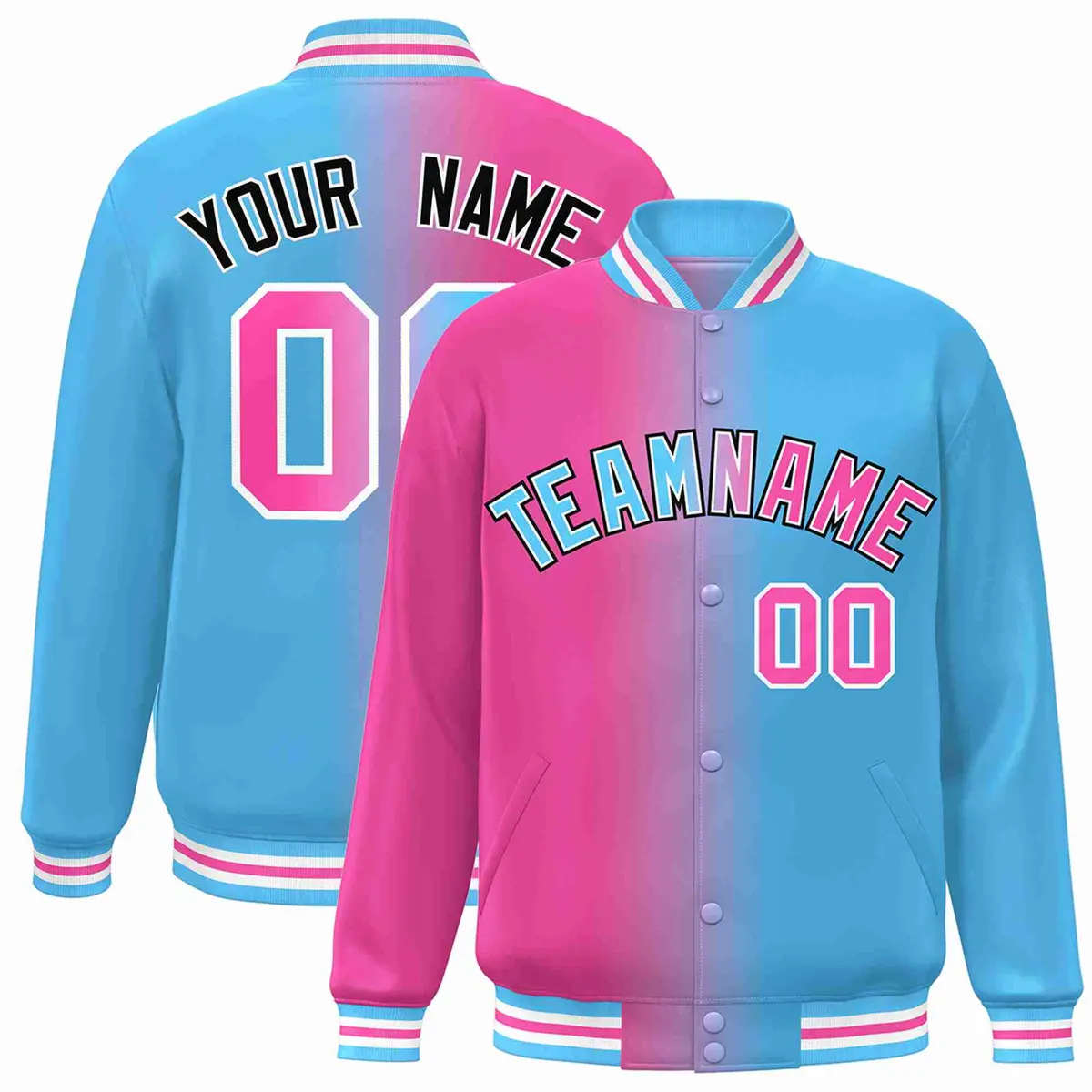 Pink Powder Blue-Black Gradient Letterman Varsity Jacket