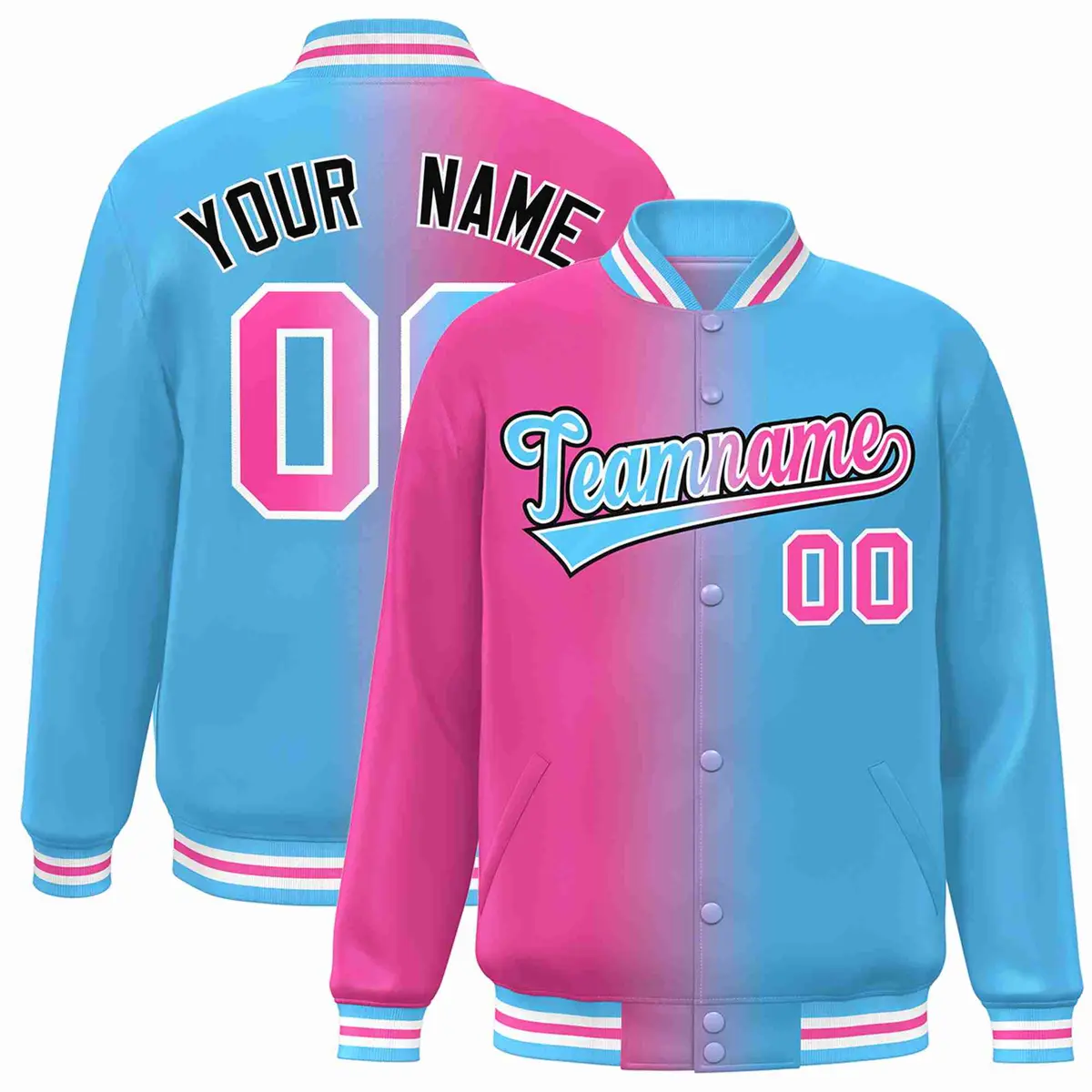 Pink Powder Blue-Black Gradient Letterman Varsity Jacket