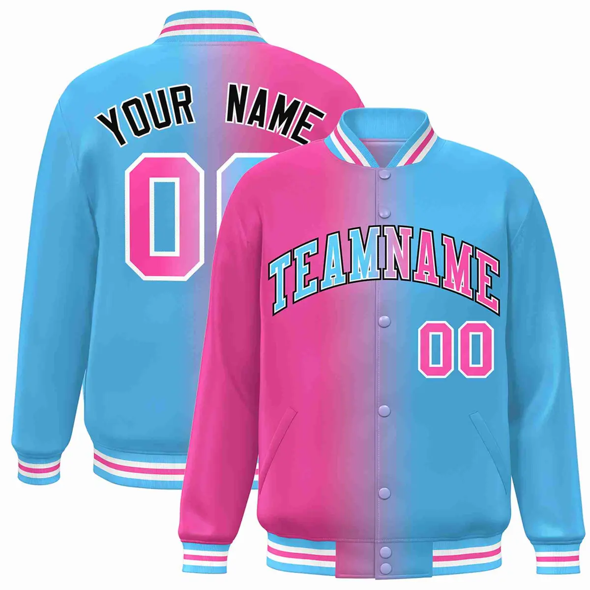 Pink Powder Blue-Black Gradient Letterman Varsity Jacket