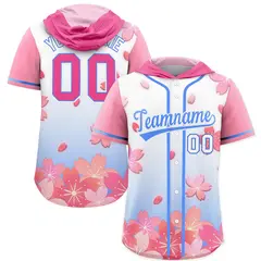 Pink Powder Blue Cherry Blossoms Raglan Hooded Baseball Jersey