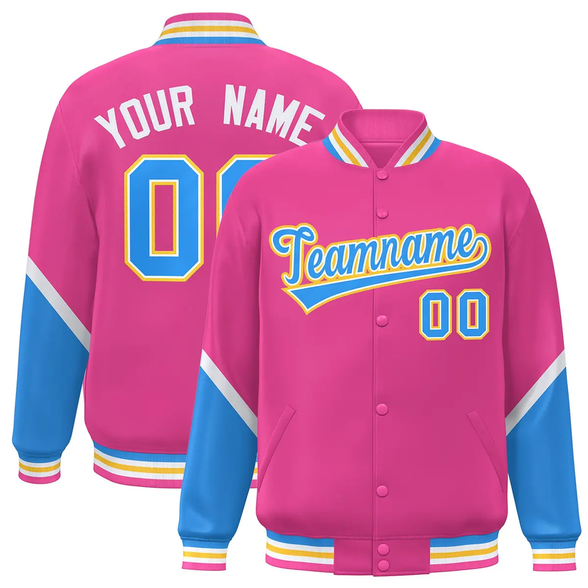 Pink Powder Blue Color Block Full-Snap Varsity Letterman Baseball Jacket