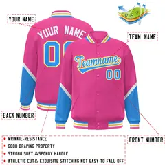 Pink Powder Blue Color Block Full-Snap Varsity Letterman Baseball Jacket 2