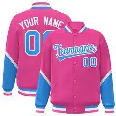 Pink Powder Blue Color Block Full-Snap Varsity Letterman Baseball Jacket