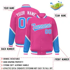 Pink Powder Blue Color Block Full-Snap Varsity Letterman Baseball Jacket 2