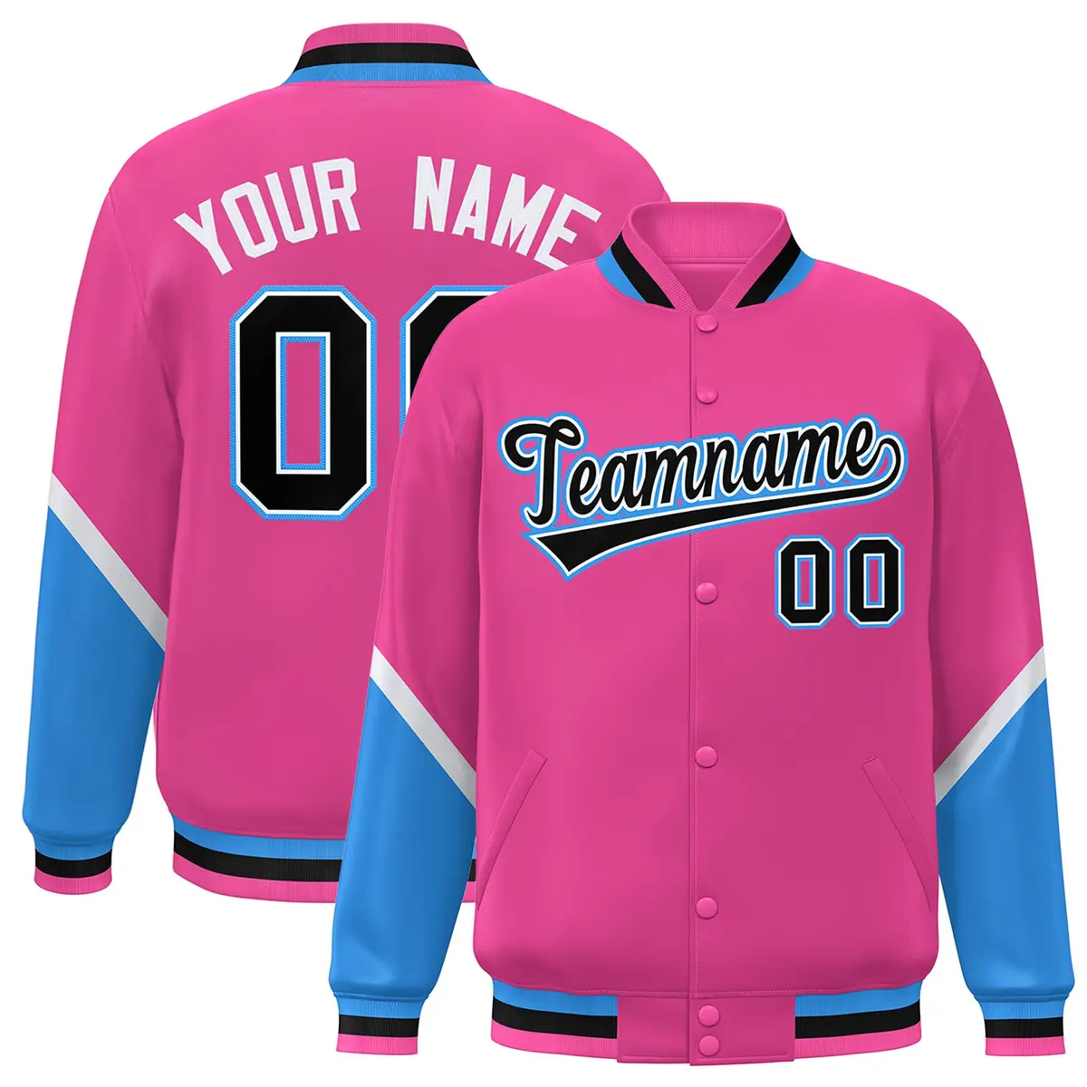 Pink Powder Blue Color Block Full-Snap Varsity Letterman Baseball Jacket