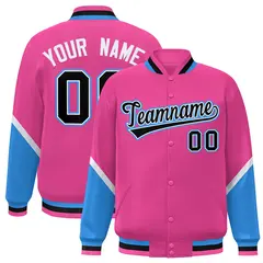 Pink Powder Blue Color Block Full-Snap Varsity Letterman Baseball Jacket