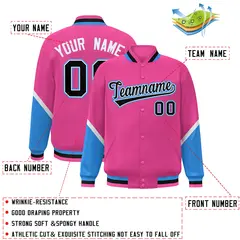 Pink Powder Blue Color Block Full-Snap Varsity Letterman Baseball Jacket 2