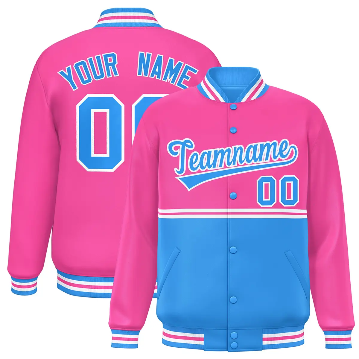 Pink Powder Blue Color Block Varsity Full-Snap Letterman Jacket