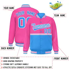 Pink Powder Blue Color Block Varsity Full-Snap Letterman Jacket 2