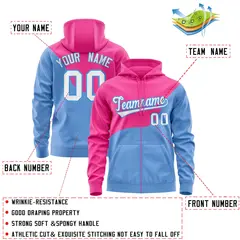 Pink Powder Blue Color Block Wave Varsity Letterman Jacket Hoodie 4