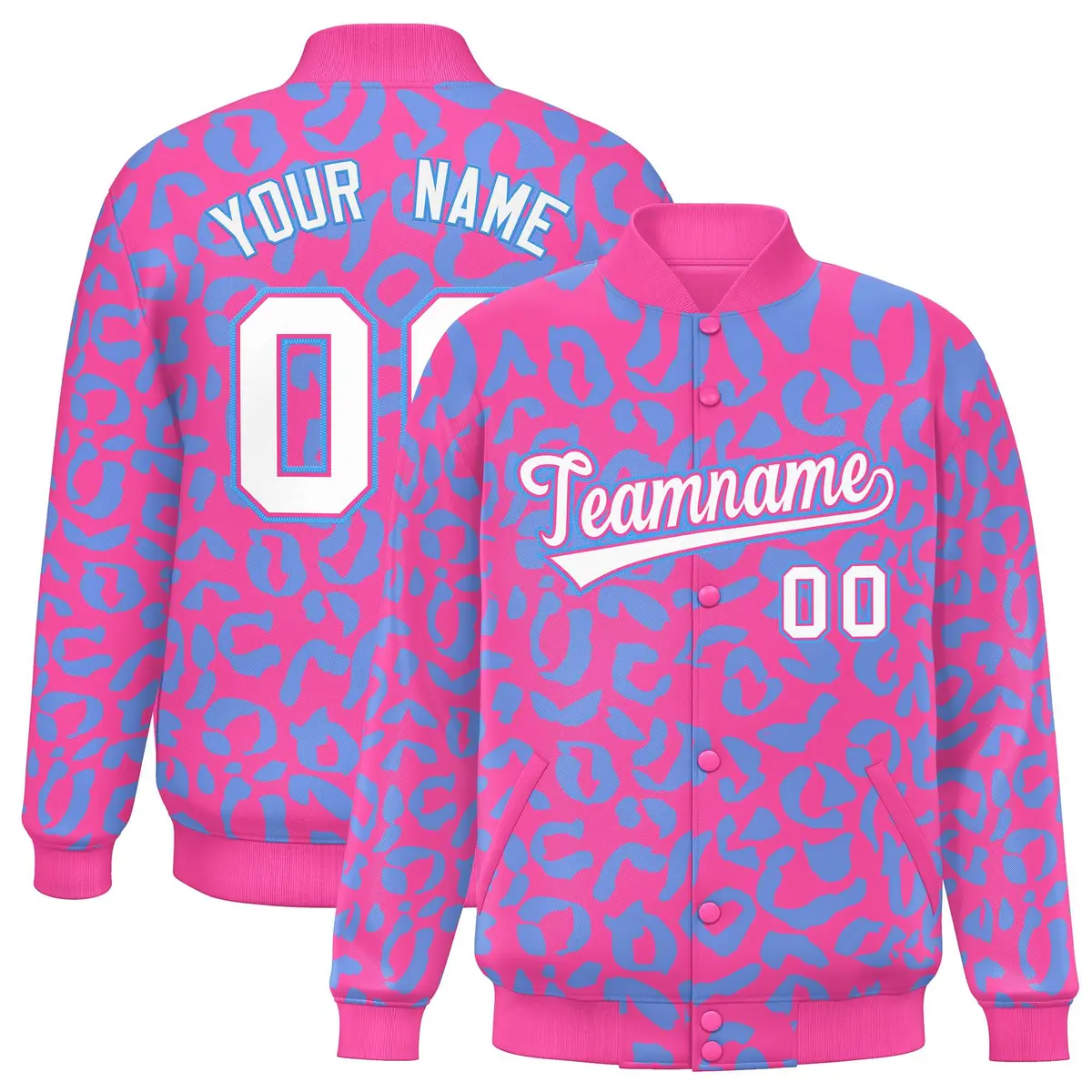Pink Powder Blue Full-Snap Leopard Graffiti Varsity Letterman Jacket