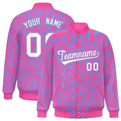 Pink Powder Blue Full-Snap Leopard Graffiti Varsity Letterman Jacket
