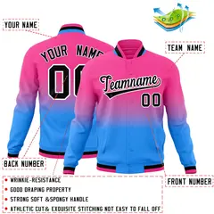 Pink Powder Blue Gradient Full-Snap Varsity Letterman Jacket 2