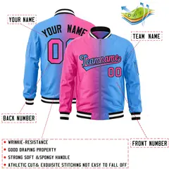 Pink Powder Blue Gradient Full-Zip Letterman Bomber Jacket 2