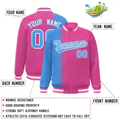 Pink Powder Blue Gradient Pinstripe Varsity Full-Snap Letterman Baseball Jacket 2