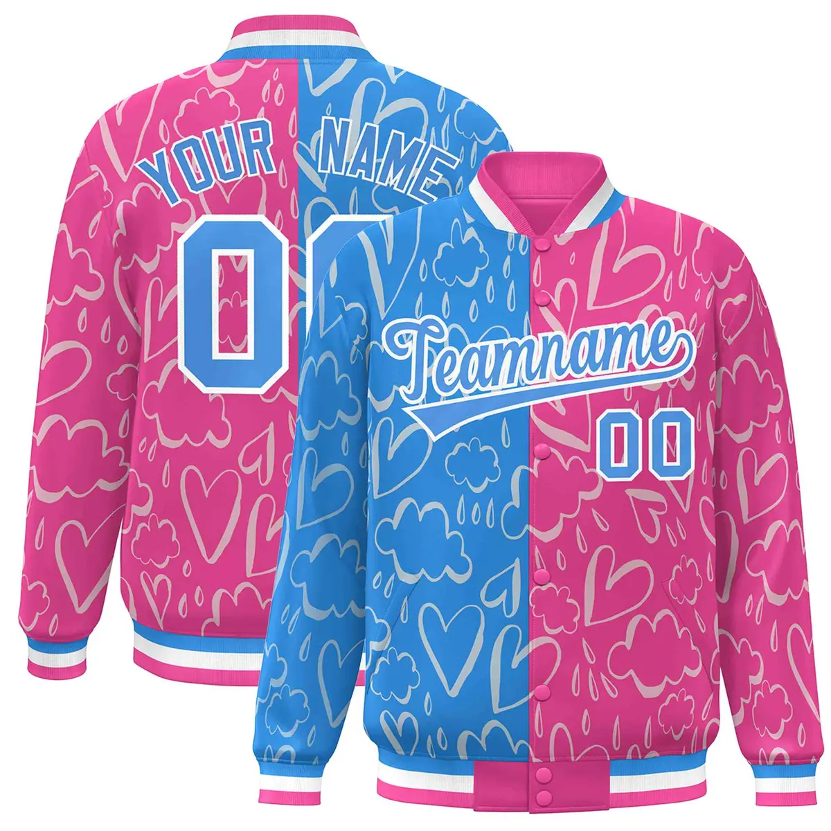 Pink Powder Blue Graffiti Pattern Split Letterman Bomber Baseball Jacket