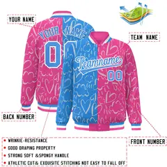 Pink Powder Blue Graffiti Pattern Split Letterman Bomber Baseball Jacket 2