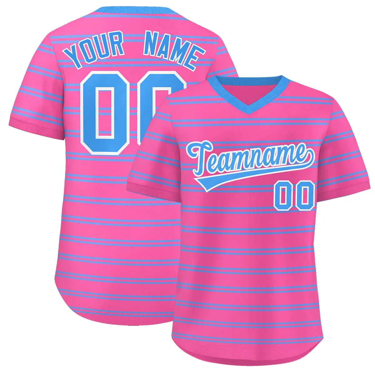Pink Powder Blue Horizontal Stripe Pullover Baseball Jersey