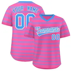 Pink Powder Blue Horizontal Stripe Pullover Baseball Jersey 1