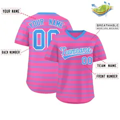 Pink Powder Blue Horizontal Stripe Pullover Baseball Jersey 2