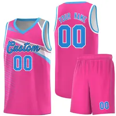 Pink Powder Blue-Navy Chest Color Block Basketball Jersey 1