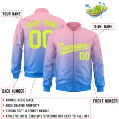 Pink Powder Blue-Neon Green Gradient Varsity Letterman Bomber Jacket 2