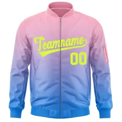 Pink Powder Blue-Neon Green Gradient Varsity Letterman Bomber Jacket 3