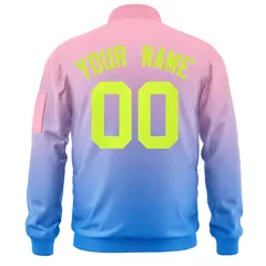 Pink Powder Blue-Neon Green Gradient Varsity Letterman Bomber Jacket 4