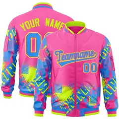 Pink Powder Blue-Neon Green Street Graffiti Varsity Full-Zip Letterman Jacket