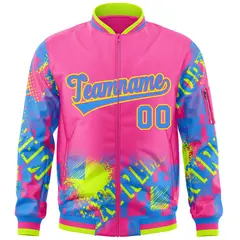 Pink Powder Blue-Neon Green Street Graffiti Varsity Full-Zip Letterman Jacket 3