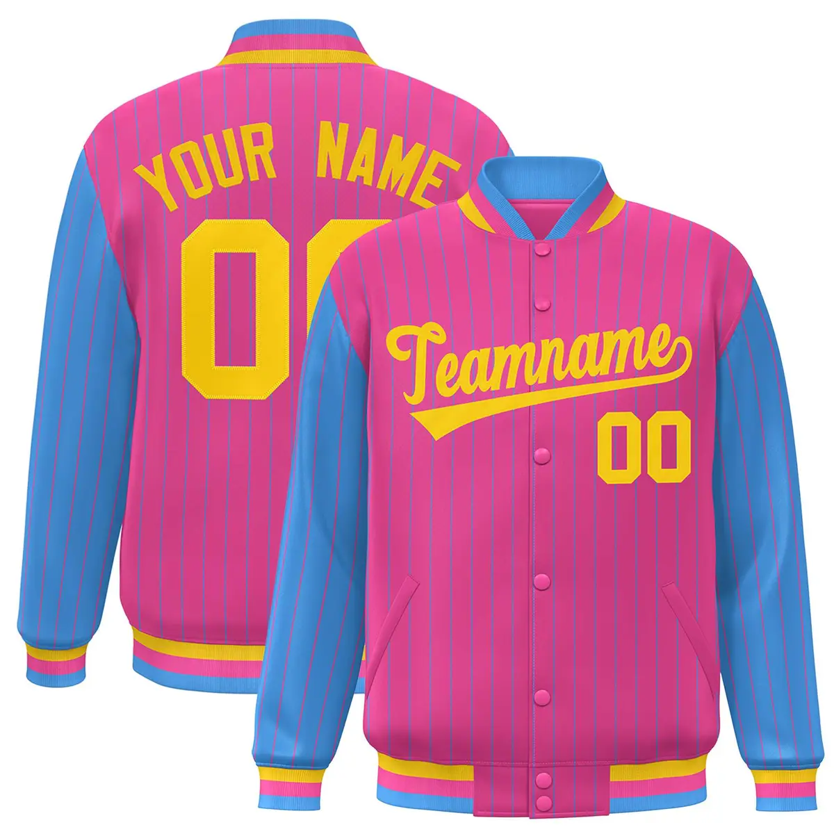 Pink Powder Blue Pinstripe Raglan Varsity Letterman Baseball Jacket