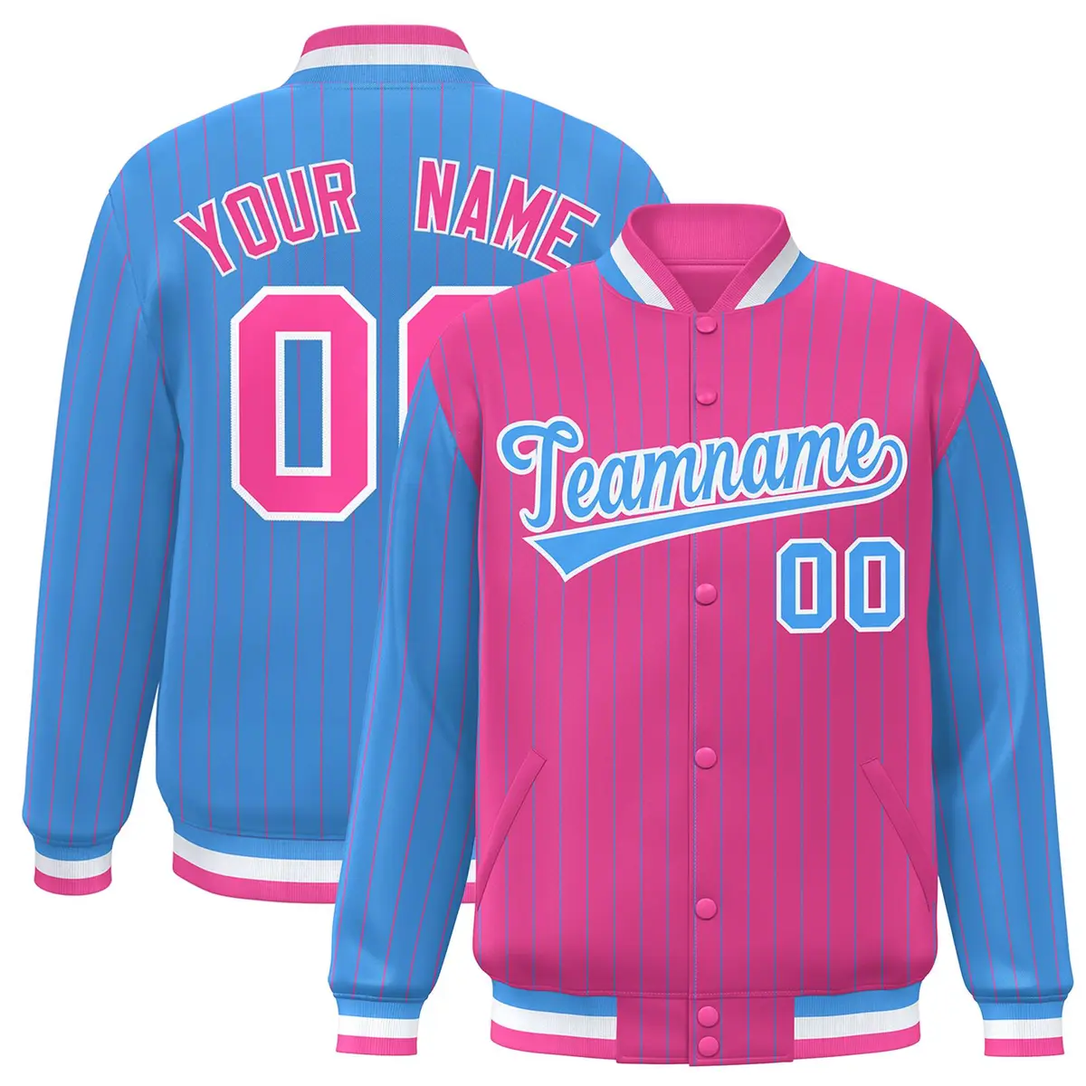 Pink Powder Blue Pinstripe Raglan Varsity Letterman Baseball Jacket