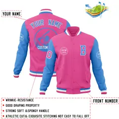 Pink Powder Blue Raglan Full-Snap Varsity Letterman Jacket 4