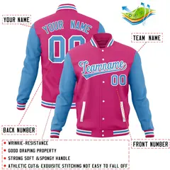 Pink Powder Blue Raglan Sleeves Varsity Full-Snap Letterman Baseball Jacket 4